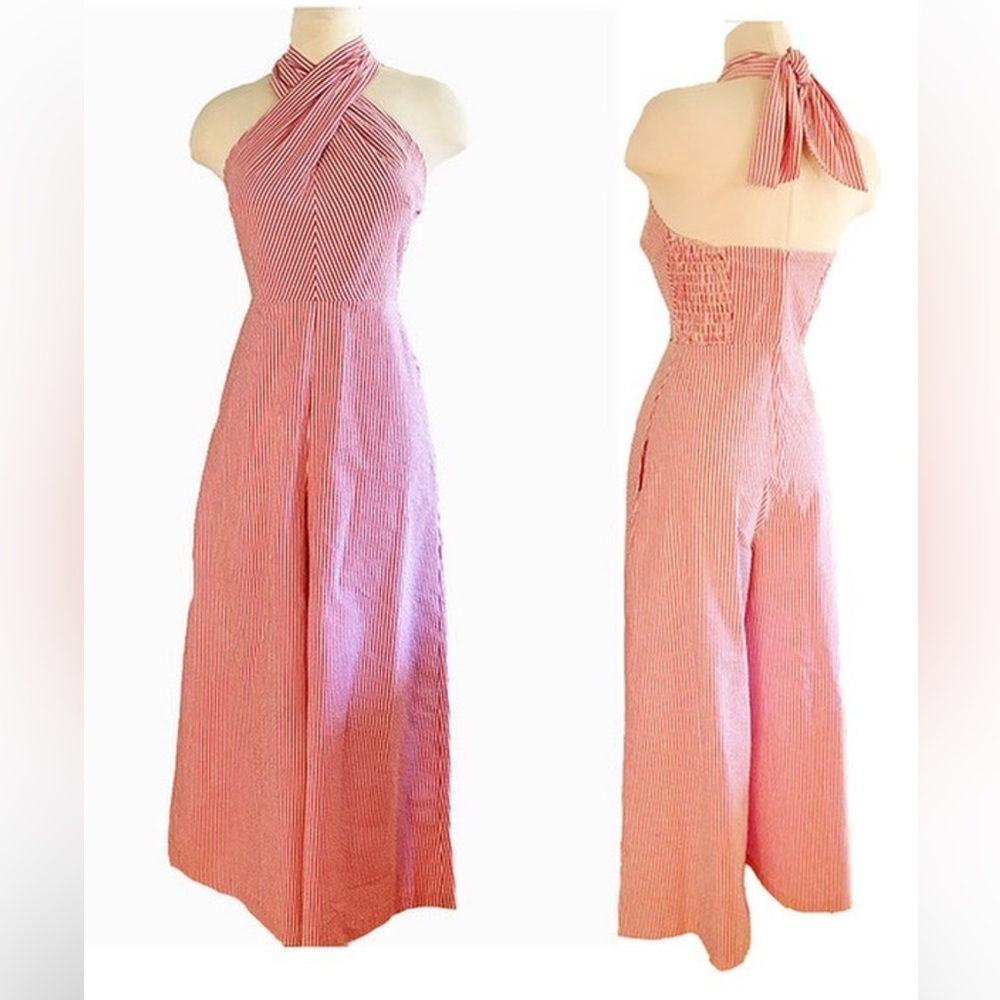 Catnip Vintage 1930s inspired beach pajamas in red and white seersucker